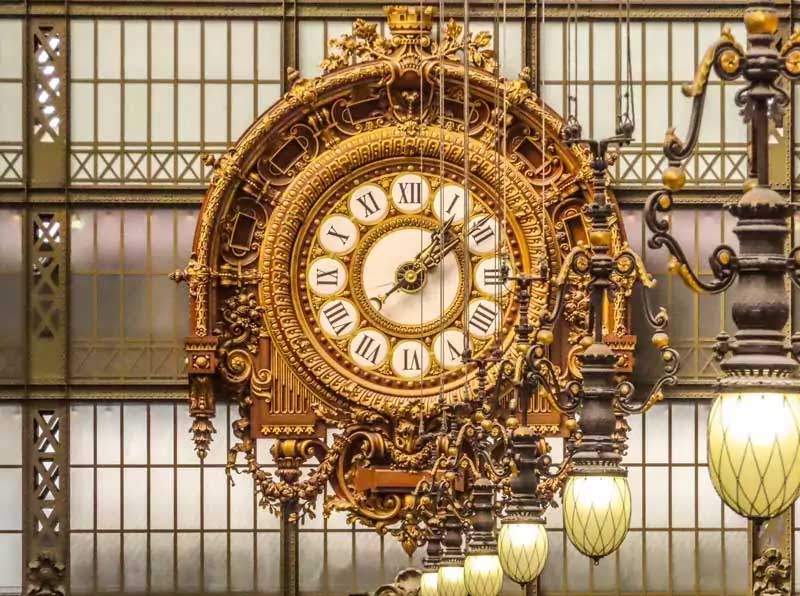 Historic station clock inside the Musée d’Orsay in Paris, part of the old Gare d’Orsay building.