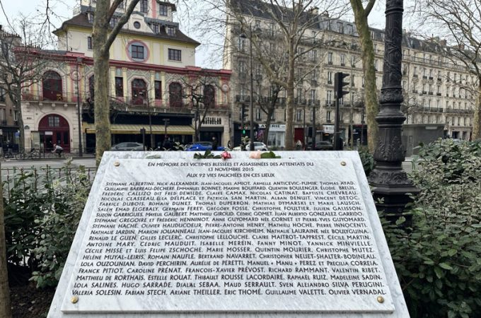 List of victims on the Bataclan memorial plaque in Paris