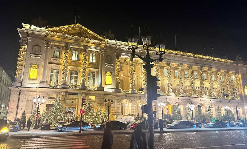 Holiday lights and Christmas decorations at Hotel de Crillon in Paris