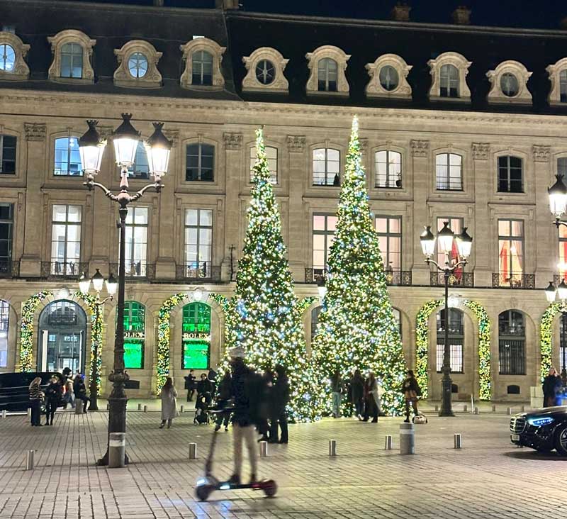 Christmas lights and decorated trees at Place Vendôme in Paris