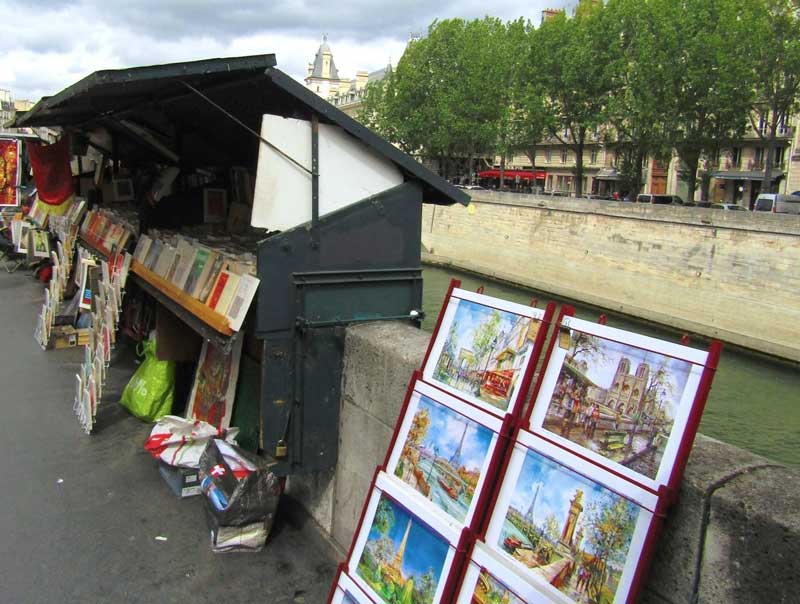 Examples of bouquinistes bookstalls along the Seine in Paris