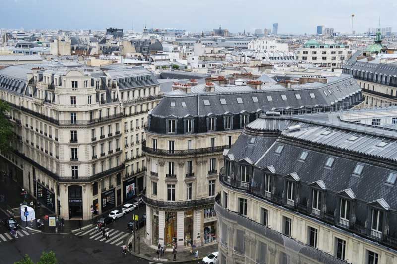 Panoramic view of Paris from above with rooftops and historic skyline