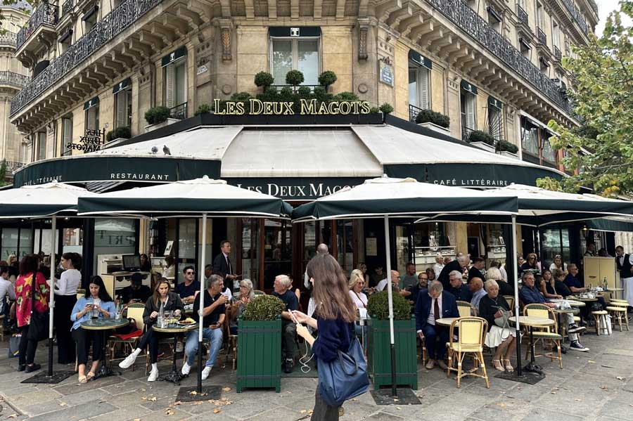 What to wear at a famous Paris café like Les Deux Magots? Smart casual is always a safe choice, but comfortable shoes and a relaxed outfit are just as normal on a Paris terrace.